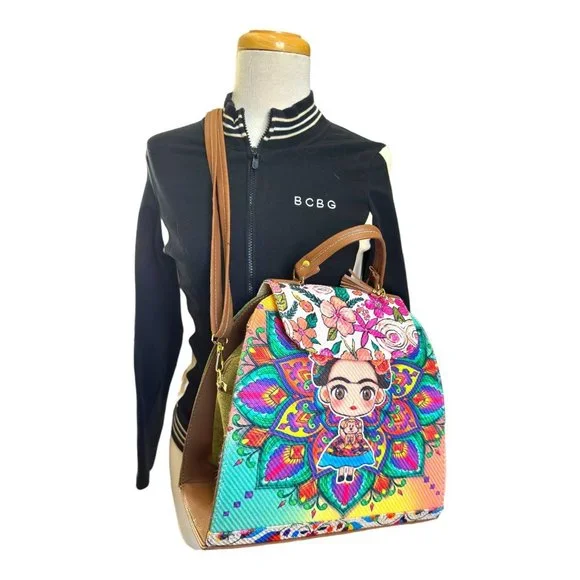 Artisan Made Frida Kahlo Canvas Faux Leather Tote Backpack From Coyoacan Mexico - Picture 14 of 14
